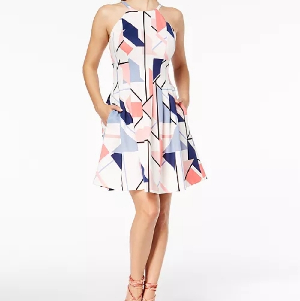 Vince Camuto Geo-Print Scuba Fit & Flare Dress